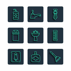 Set line Female toilet, Perfume, Rubber plunger, Towel on hanger, Washbasin with water tap, Trash can, Hand sanitizer bottle and Hairbrush icon. Vector