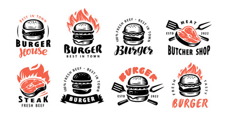 Set food emblems. Burger, meat steak. Design elements for logo, label, emblem, sign, menu - obrazy, fototapety, plakaty