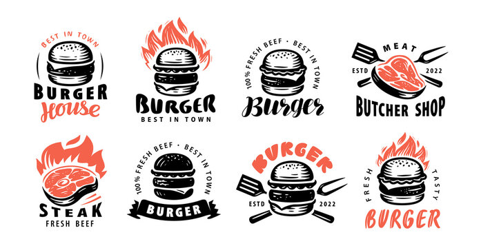 Set food emblems. Burger, meat steak. Design elements for logo, label, emblem, sign, menu