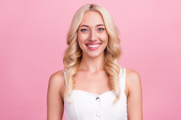 Photo of young cheerful girl happy positive toothy smile ceramic clinic isolated over pink color background