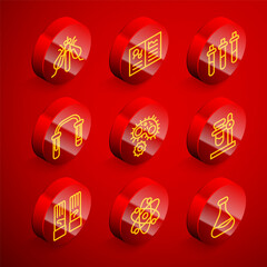 Set line Experimental insect, Clinical record, Reagent bottle, Test tube and flask, Virus, on stand, Medical rubber gloves and Atom icon. Vector