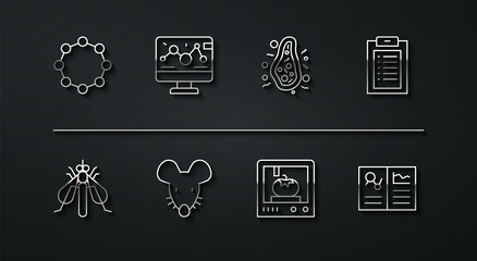 Set line Chemical formula, Experimental insect, Clinical record, 3D printing technology, mouse, Genetic engineering modification, and Bacteria icon. Vector