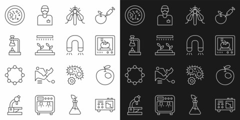 Set line Spectrometer, Genetically modified apple, 3D printing technology, Experimental insect, Automatic irrigation sprinklers, Test tube flask fire, Petri dish with bacteria and Magnet icon. Vector