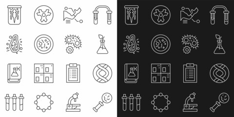 Set line Microorganisms under magnifier, DNA symbol, Plant breeding, Prosthesis hand, Petri dish with bacteria, Bacteria, Experimental animal and Virus icon. Vector