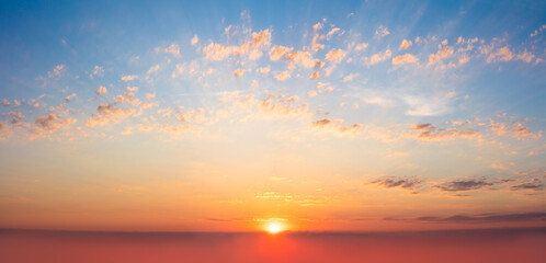 Majestic panoramic view of the sunrise in the morning sky. Light gentle clouds. Sundown Natural sky - 469351376