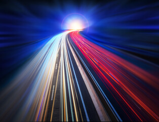 light trails of cars on the night car road. Creative background design, motion and blur. Long...