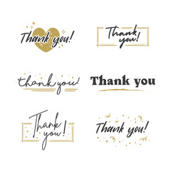 Thank You lettering compositions written with decorative calligraphic font. Bundle of gratitude phrase decorated with cute elements. Hand drawn thanks vector quotes.