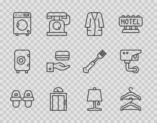 Set line Hotel slippers, Hanger wardrobe, Bathrobe, Lift, Washer, Digital door lock, Table lamp and Security camera icon. Vector