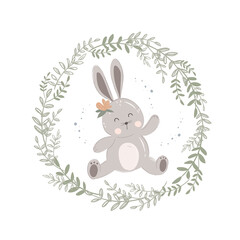 Illustration card of leaf frame cute rabbit, bunny with flowers
