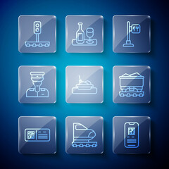 Set line QR code ticket train, High-speed, E-ticket, Cafe and restaurant location, Plate with food, Train conductor, traffic light and Coal wagon icon. Vector