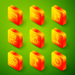 Set line Road barrier, QR code ticket train, News, Train conductor, Railway station, traffic light, Vintage locomotive and icon. Vector