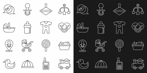 Set line Toy train, Baby bathtub, dummy pacifier, Whirligig toy, bottle, stroller, and clothes icon. Vector