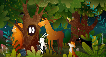 Forest animals at night looking at spooky hollow tree, fantasy enchanted forest cartoon. Kids fairytale watercolor style mystery illustration. Wallpaper or greeting card children vector design. © Popmarleo