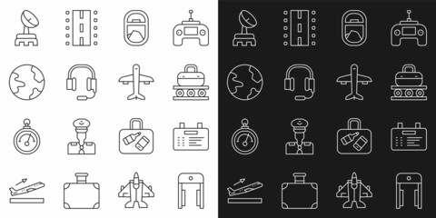 Set line Metal detector in airport, Airport board, Conveyor belt with suitcase, Airplane window, Headphones microphone, Worldwide, Radar and Plane icon. Vector