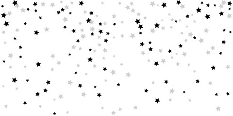 Silver star confetti. Falling stars on a white background. Illustration of flying shining stars. Decorative element.