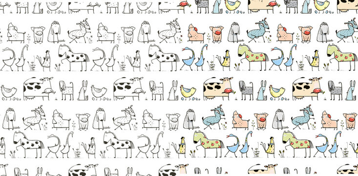 Farm domestic animals seamless pattern wallpaper. Hand drawn outline cow, rooster, goat, pig and goose in the field. Funny simple animals for kids. Vector hand drawn illustration.