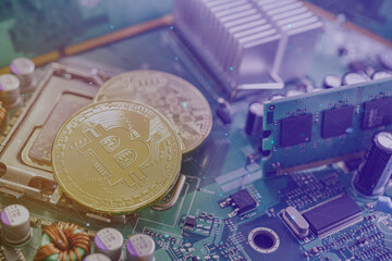 Cryptocurrency trend trading , Bitcoins are of great value can be used instead of money around the world , Bitcoin is more expensive on circuit board, crypto currency concept