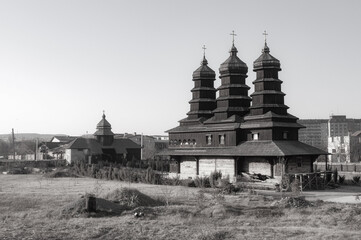 Old wooden church, black white photo