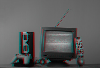 Retro media, entertainment 80s. Antenna old-fashioned tv receiver, anaglyph glasses, clock, audio...