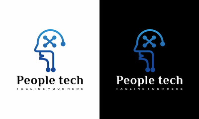 Logo Head Tech, vektor konsep logo Pixel Head, Teknologi Robotic Logo template desain ilustrasi vektor on a black and white background.