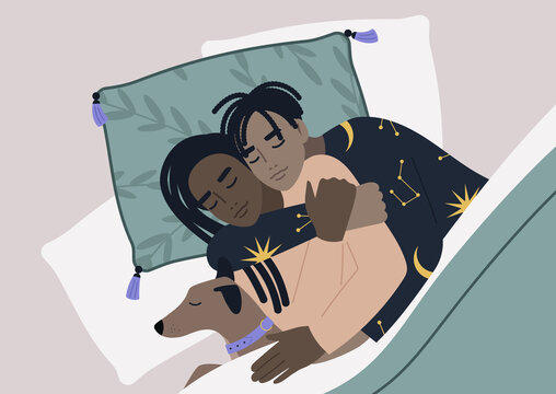 A top view of an African couple sleeping with their pet, a cozy home atmosphere