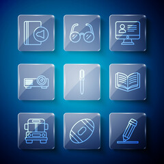Set line School Bus, American Football ball, Pencil with eraser, Online class, Movie, film, media projector, Audio book and Open icon. Vector