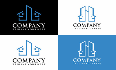 Obraz premium Minimalist skyscraper home and city building line art logo design vector graphic on a black and white background.