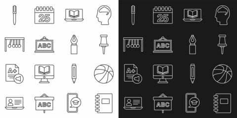 Set line Spiral notebook, Basketball ball, Push pin, Online class, Chalkboard, Pendulum, and Fountain pen nib icon. Vector