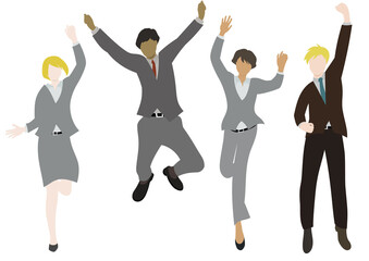 イラスト素材：ジャンプして喜んでいる複数のビジネスパーソン（スーツバージョン）