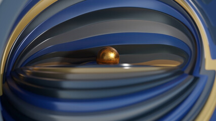 Fractal digital 3D design.Abstract fractal shape of spiral blue gold brown vortex swirling around the levitating golden sphere.