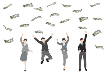 空中に舞うお金（新一万円）と、ジャンプして喜んでいる複数のビジネスパーソン