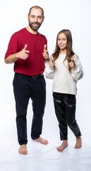 Obraz premium father and daughter shout, man and girl, dance, rejoice, have fun. isolated white background