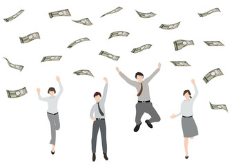 空中に舞うお金（新一万円）と、ジャンプして喜んでいる複数のビジネスパーソン