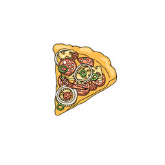 Slice of pizza with salami, onion, hot pepper, cheese in sketch style vector