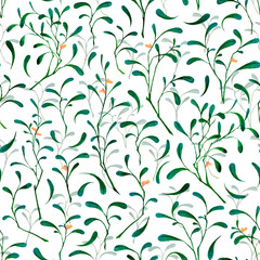 Seamless pattern with stylized leaves, flowers and branches. Watercolor illustration for perfect for wallpaper, textile, fabric, wrapping paper, wedding invitation, greeting cards, postcards.