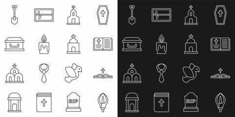 Set line Lily flower, Holy bible book, Church building, Burning candle, Coffin with cross, Shovel and Old crypt icon. Vector
