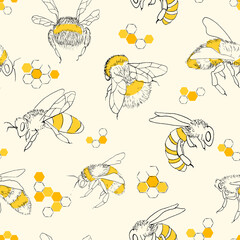 Seamless pattern with various bees and honeycombs isolated on soft yellow background. In sketch style. Lively graphic illustration perfect for decoration wrapping honey products, fabric, textiles.