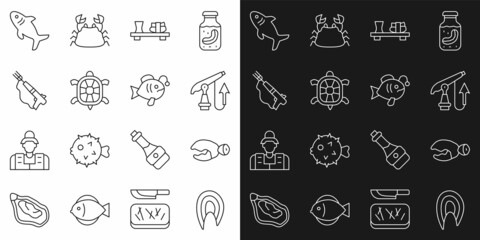 Set line Fish steak, Lobster or crab claw, Fishing harpoon, Sushi cutting board, Turtle, Shark and Tropical fish icon. Vector