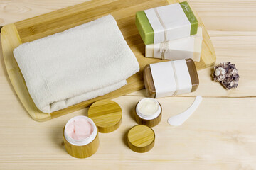 Organic cosmetics. Natural soap and cream. Body and face care. Selective focus.
