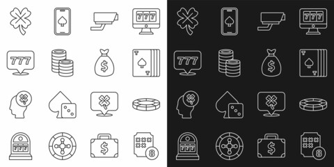 Set line Lottery ball on bingo card, Casino chips, Deck of playing cards, Security camera, Slot machine with jackpot, slot clover and Money bag icon. Vector