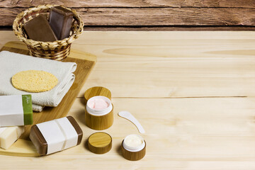 Organic cosmetics. Natural soap and cream. Body and face care. Selective focus.