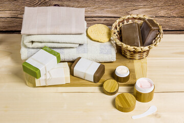 Organic cosmetics. Natural soap and cream. Body and face care. Selective focus.