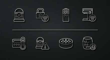 Set line Ringing alarm bell, Thermostat, Smart coffee machine, Water sensor, Digital door lock, Voice assistant and Remote control icon. Vector