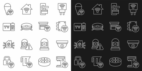 Set line Smart coffee machine, Motion sensor, Digital door lock, Robot vacuum cleaner, Multimedia and TV box receiver, light bulb and garage icon. Vector