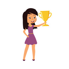 Cartoon joyful girl in dress with golden trophy cup. Color vector illustration. White isolated background.