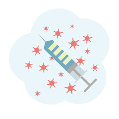Vaccination against coronavirus infection. Syringe and viruses. Immunity protection. Covid-19 illustration.