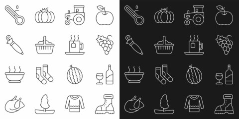 Set line Waterproof rubber boot, Wine bottle with glass, Grape fruit, Tractor, Basket, Umbrella, Meteorology thermometer and Cup tea tea bag icon. Vector