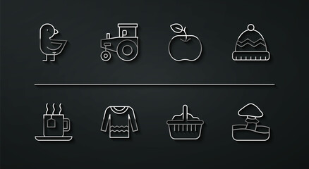 Set line Little chick, Cup of tea with tea bag, Winter hat, Basket, Sweater, Tractor, Mushroom and Apple icon. Vector