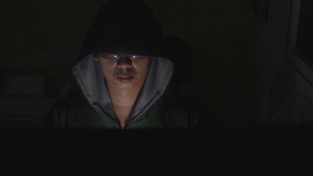 Concept of stealing, robbery or hacker. Young man wearing glasses. Wearing a hood to cover his face while hacking a computer. in a dark and dark environment