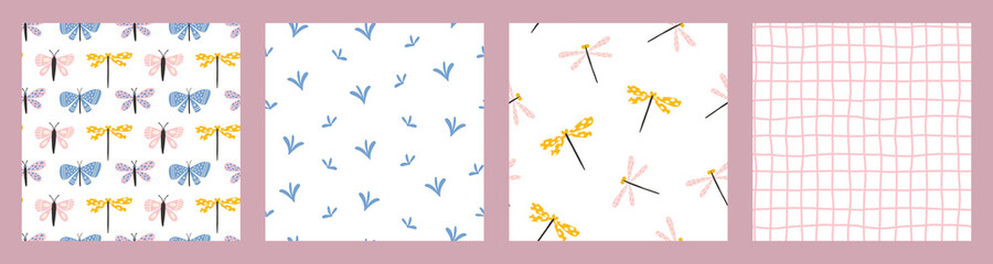 Butterfly, dragonfly, gingham seamless pattern collection. Cute doodle hand drawn insects in trendy pastel colors. Sweet funny scandinavian prints for kids textile. Delicate and trendy design.